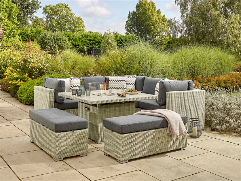 Kingscote Cloud Rattan Corner Sofa with Square Firepit Table & 2 Benches
