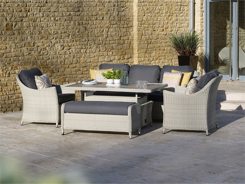 Monterey Dove Grey Rattan 3 Seater Sofa with Dual Height Rectangle Table, 2 Armchairs & Bench