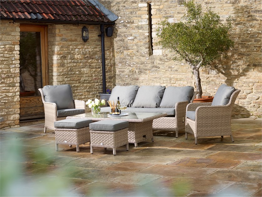 Blenheim Rattan Reclining 3 Seater Sofa with Dual Height Rectangle Table, 2 Reclining Armchairs & 2 Stools Alternative Image