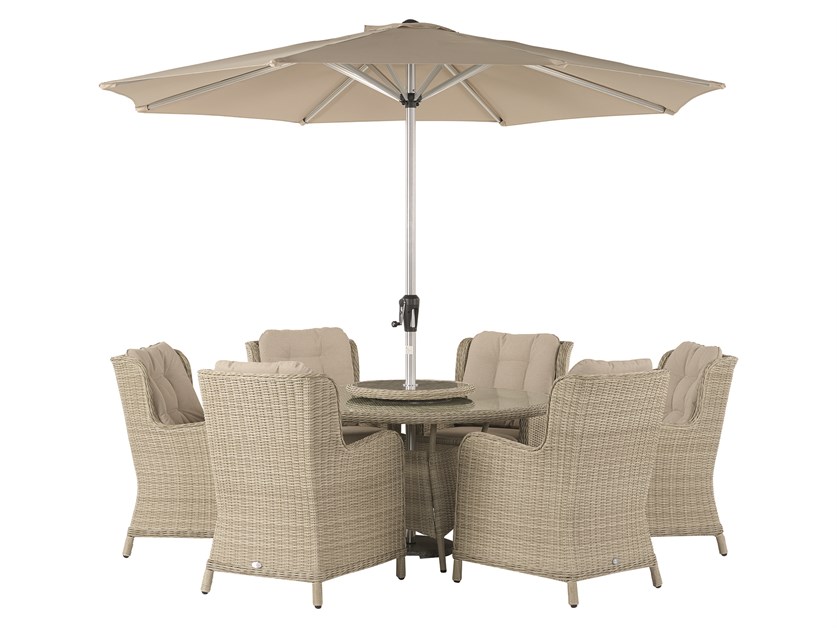 Chedworth Sandstone Rattan 6 Seat Round Dining Set with Lazy Susan, Parasol & Base Alternative Image