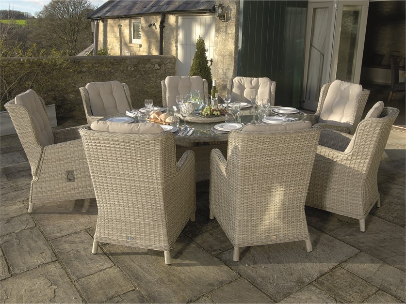 Chedworth Sandstone Rattan 8 Seat Elliptical Dining Set (including 2 Recliners) with Lazy Susan, Parasol & Base Alternative Image