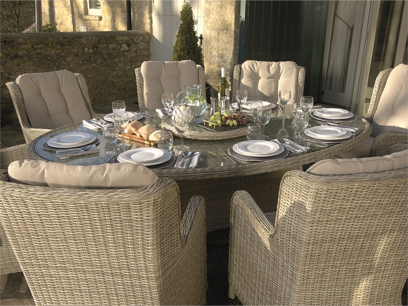 Chedworth Sandstone Rattan 8 Seat Elliptical Dining Set (including 2 Recliners) with Lazy Susan, Parasol & Base Alternative Image