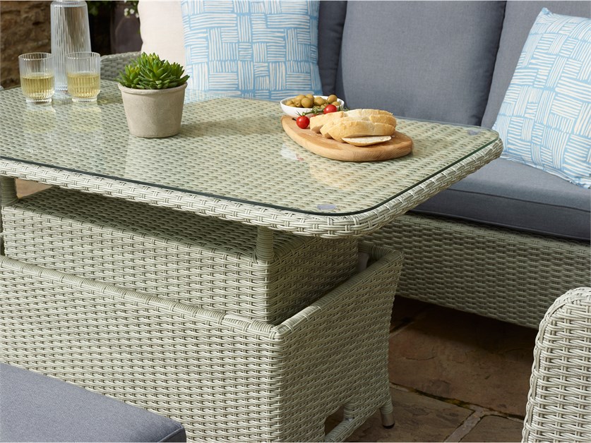 Tetbury Cloud Rattan L-Shape Sofa with Rectangle Dual Height, Glass Top Table & Bench Alternative Image