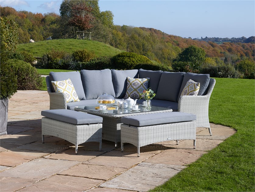 Tetbury Cloud Rattan Corner Sofa with Square Dual Height Glass Top Table & 2 Benches Alternative Image