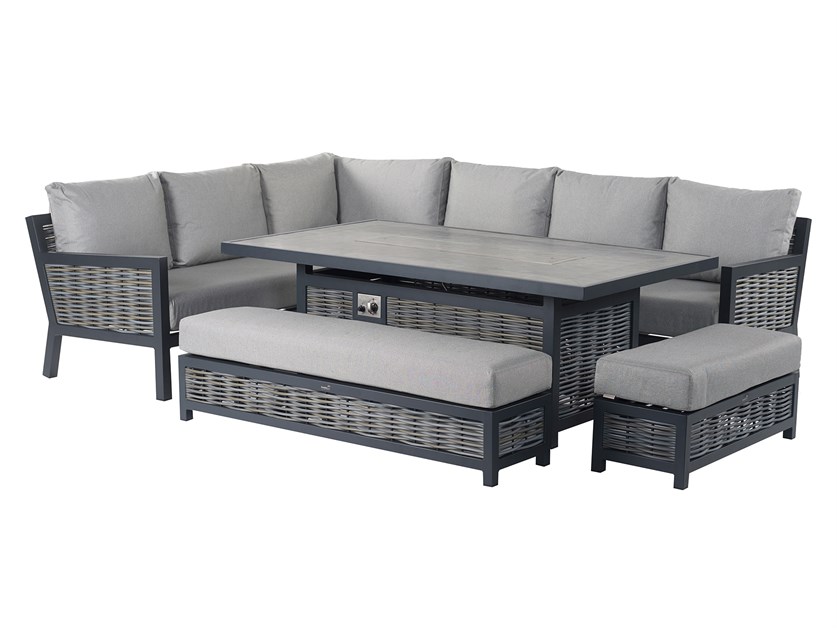 Portofino Wicker L-Shape Sofa with Rectangle Firepit Table, Large Bench & Standard Bench Alternative Image