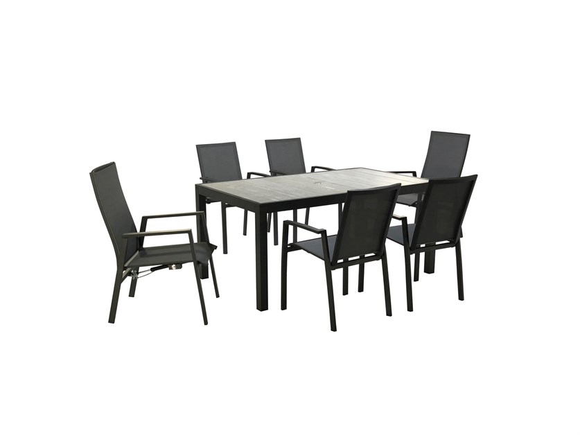 Seville Textilene 6 Seat Rectangle Dining Set, including 2 Recliners, with Parasol & Base Alternative Image