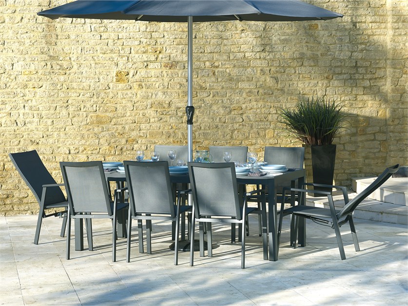 Seville Textilene 8 Seat Rectangle Dining Set, including 2 Recliners, with Parasol & Base Alternative Image