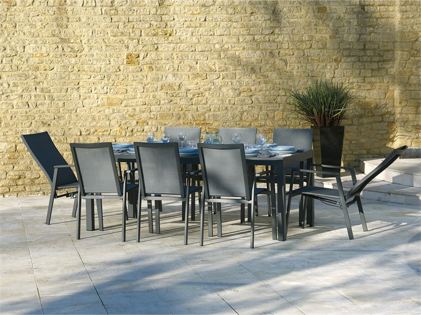 Seville Textilene 8 Seat Rectangle Dining Set, including 2 Recliners, with Parasol & Base Alternative Image