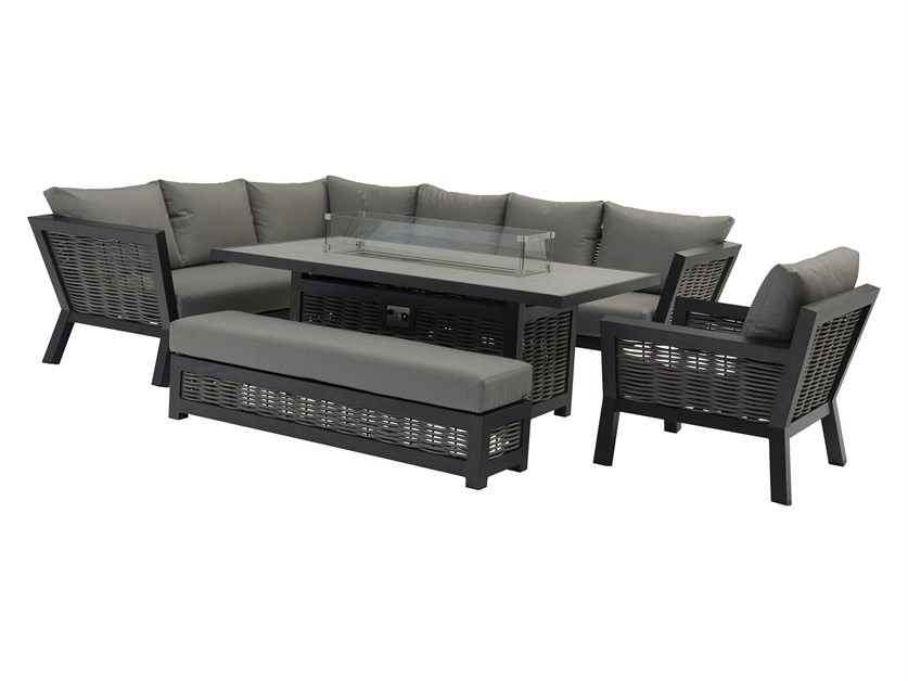 Tuscan Wicker L-Shape Sofa with Rectangle Firepit Table, Armchair & Bench Alternative Image