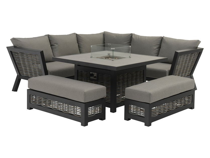 Tuscan Wicker Corner Sofa with Square Firepit Table & 2 Benches Alternative Image