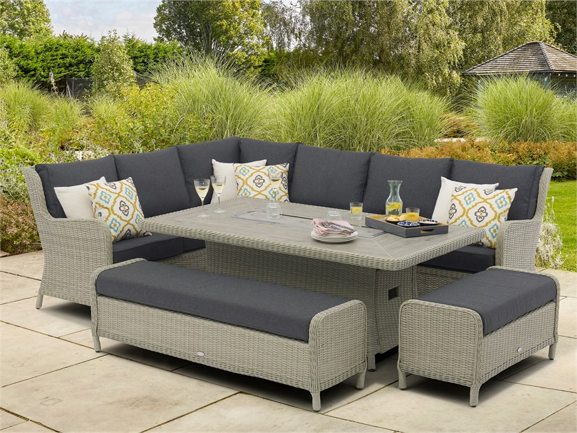 Chedworth Dove Grey Rattan Reclining L-Shape Sofa with Rectangle Firepit Table & 2 Benches Alternative Image