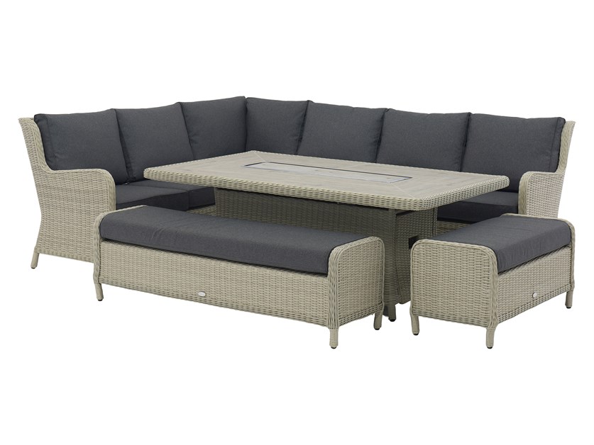 Chedworth Dove Grey Rattan L-Shape Sofa with Rectangle Firepit Table & 2 Benches Alternative Image