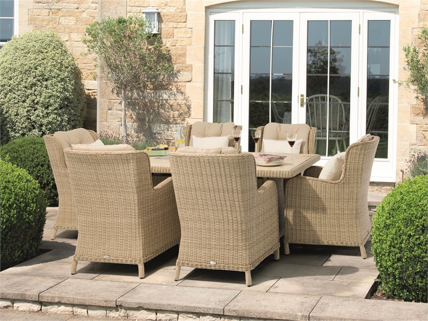 Chedworth Sandstone Rattan Rectangle Dining Firepit Table Set with 6 Armchairs Alternative Image