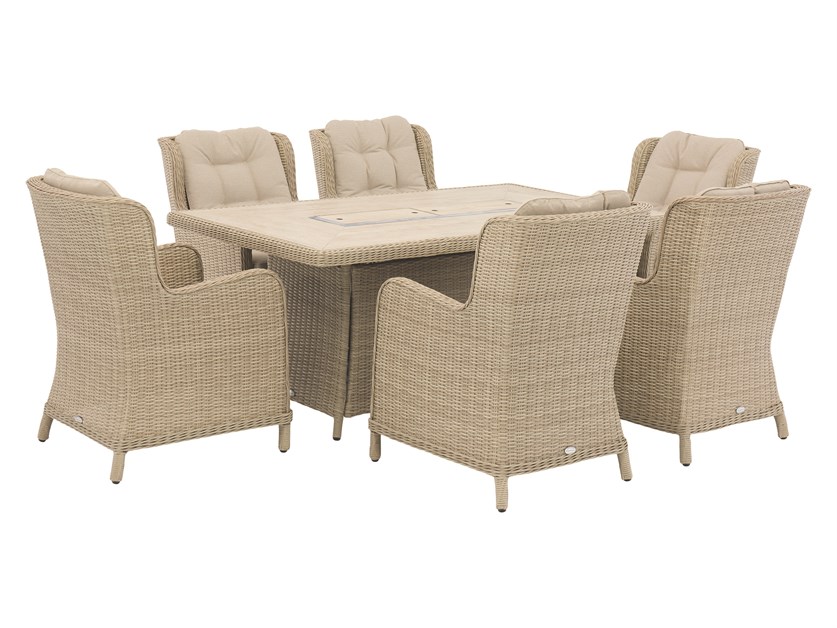 Chedworth Sandstone Rattan Rectangle Dining Firepit Table Set with 6 Armchairs Alternative Image