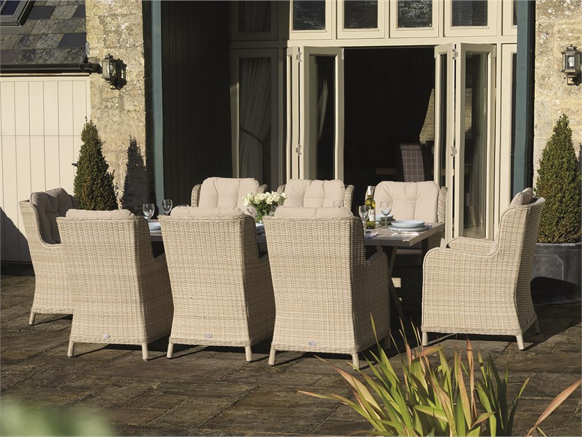 Chedworth Sandstone Ceramic Rectangle Table with 8 Rattan Armchairs Alternative Image