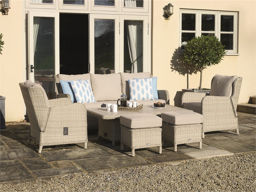 Chedworth Sandstone Rattan Reclining 3 Seater Sofa with Dual Height Rectangle Table, 2 Reclining Armchairs & 2 Stools Alternative Image