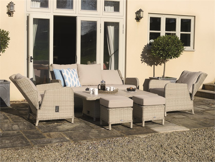 Chedworth Sandstone Rattan Reclining 3 Seater Sofa with Dual Height Rectangle Table, 2 Reclining Armchairs & 2 Stools Alternative Image