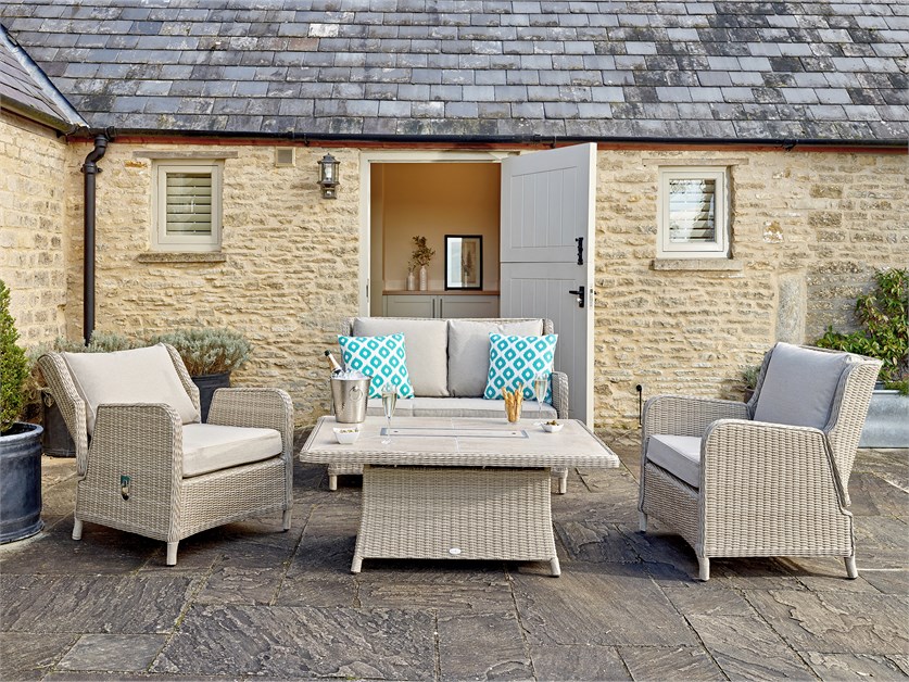 Chedworth Sandstone Rattan 2 Seater Sofa with Firepit Coffee Table & 2 Reclining Armchairs Alternative Image