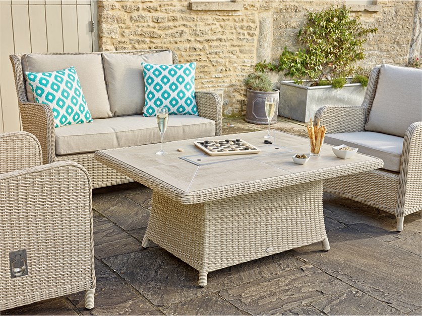 Chedworth Sandstone Rattan 2 Seater Sofa with Firepit Coffee Table & 2 Reclining Armchairs Alternative Image
