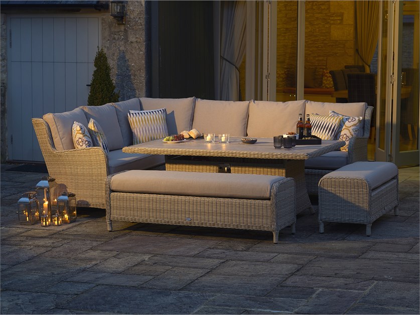 Chedworth Sandstone Rattan L-Shape Sofa with Rectangle Firepit Table & 2 Benches Alternative Image