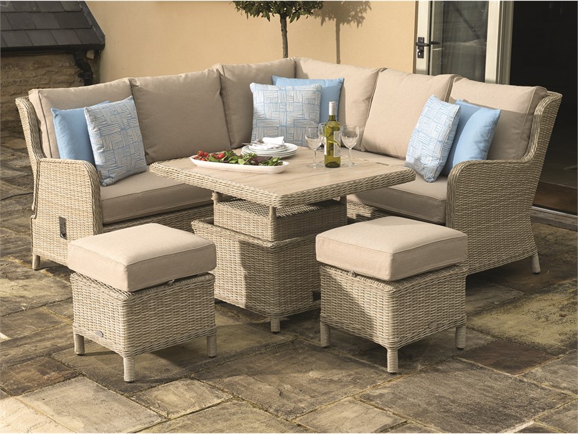 Chedworth Sandstone Rattan Reclining Mini Corner Sofa with Dual Height Table & 2 Stools Alternative Image
