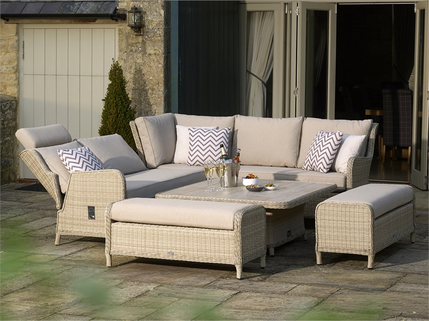 Chedworth Sandstone Rattan Reclining Corner Sofa with Square Dual Height Table & 2 Benches Alternative Image