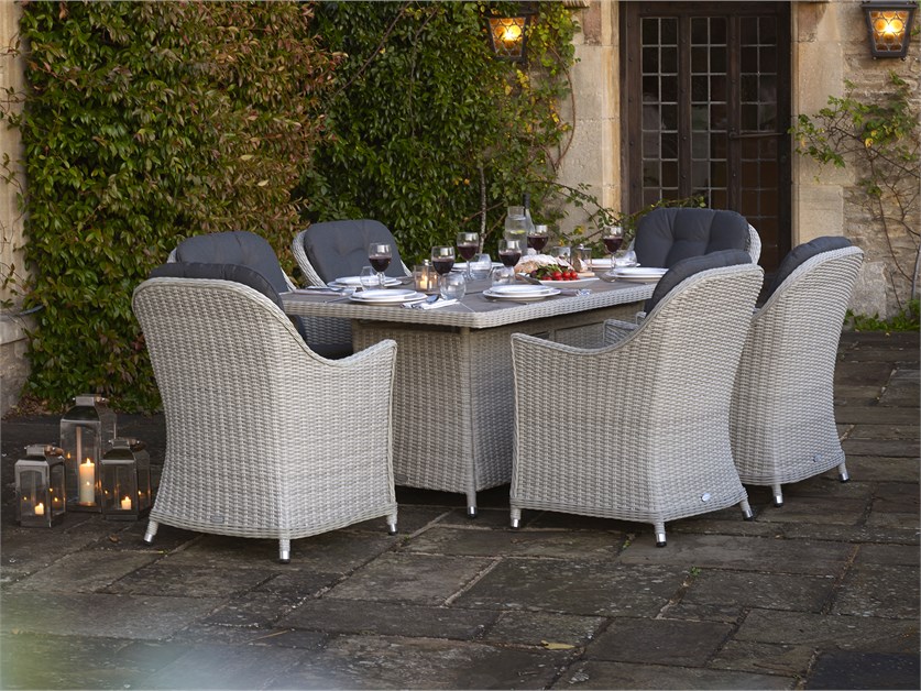 Monterey Dove Grey Rattan Rectangle Dining Firepit Table Set with 6 Armchairs Alternative Image