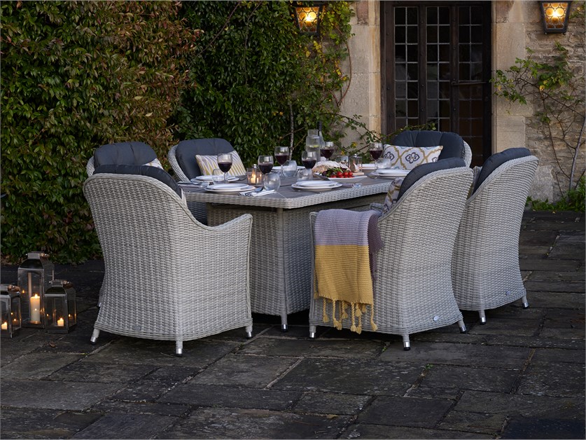 Monterey Dove Grey Rattan Rectangle Dining Firepit Table Set with 6 Armchairs Alternative Image