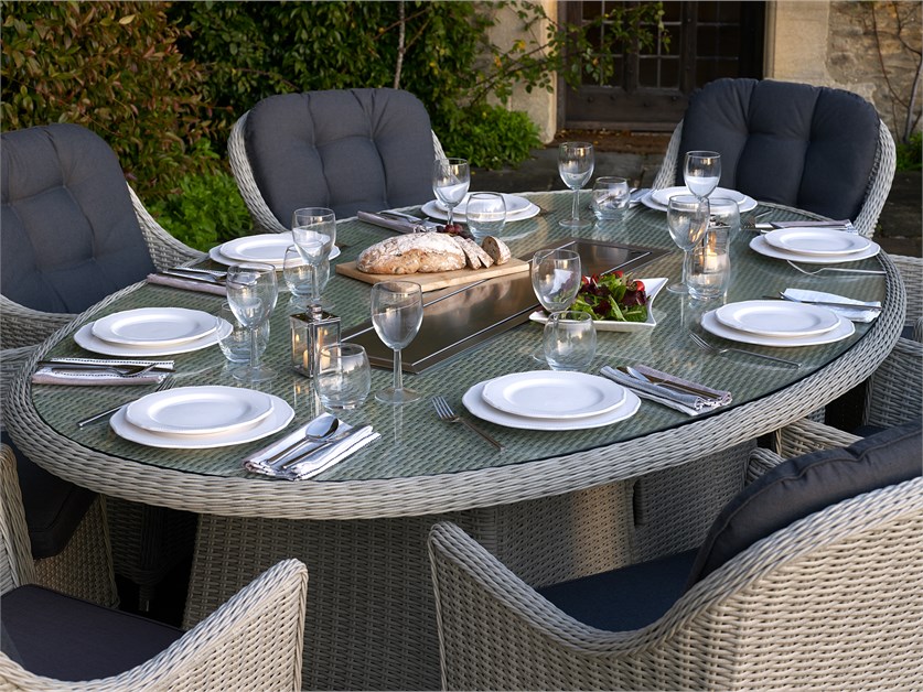 Monterey Dove Grey Rattan Elliptical Firepit Dining Table with 8 Armchairs Alternative Image