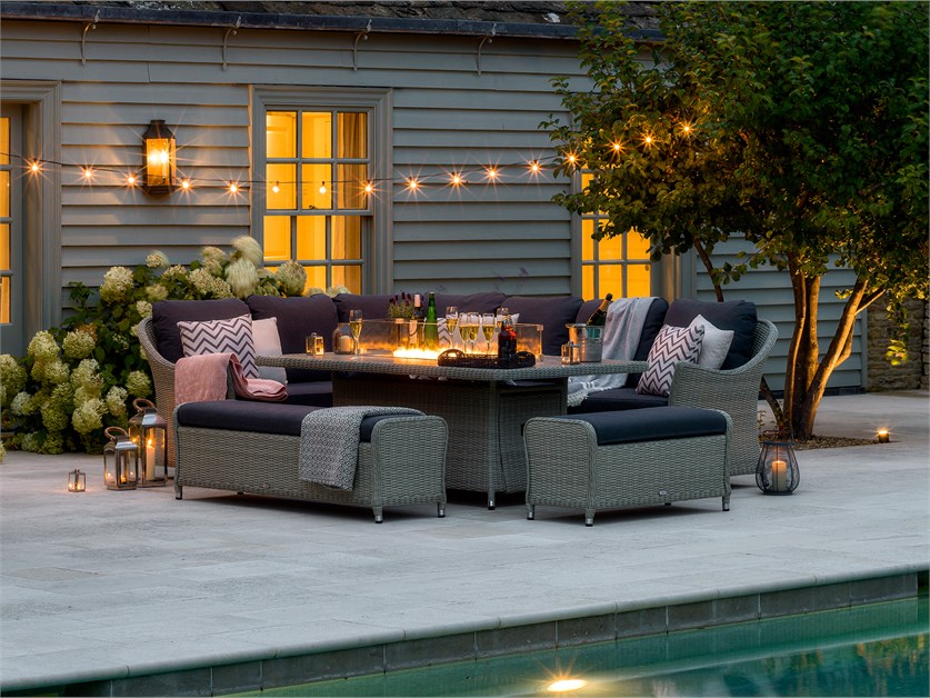 Monterey Dove Grey Rattan L-Shape Sofa with Rectangle Firepit Table & 2 Benches Alternative Image
