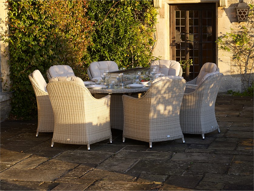 Monterey Sandstone Rattan Elliptical Firepit Dining Table with 8 Armchairs Alternative Image