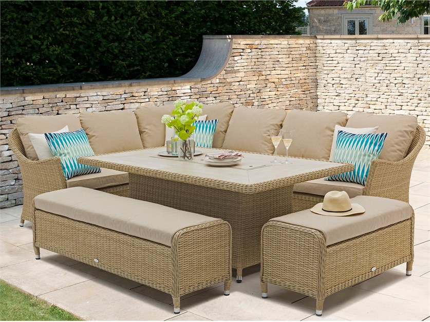 Monterey Sandstone Rattan L-Shape Sofa with Rectangle Firepit Table & 2 Benches Alternative Image