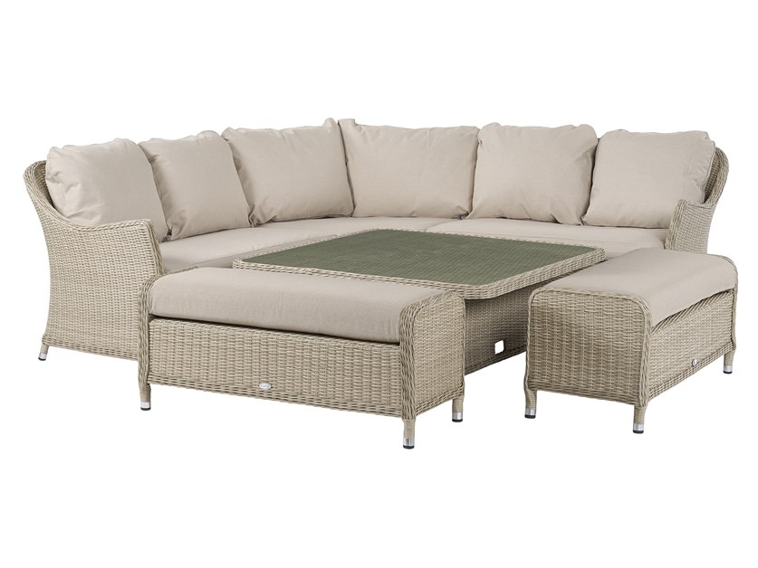 Monterey Sandstone Rattan Curved Corner Sofa with Square Dual Height Table (Glass Top) & 2 Benches Alternative Image