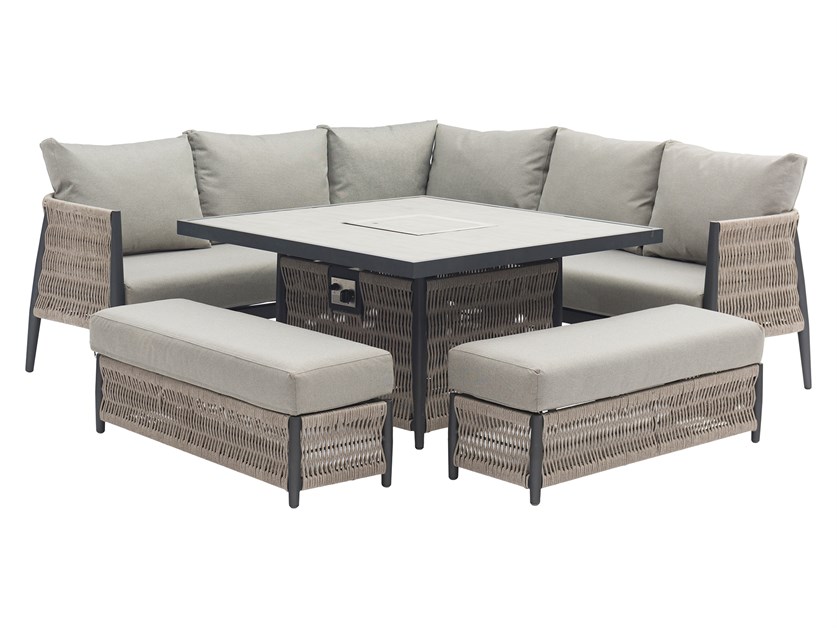 Mauritius Modular Sofa with Square Casual Dining Table with Ceramic Top & Firepit & 2 Benches Alternative Image