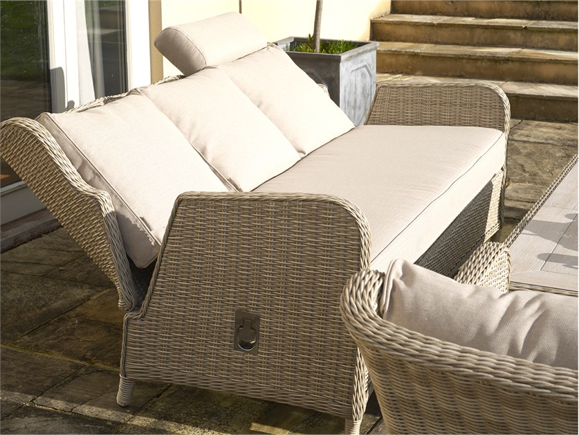 Chedworth Sandstone Rattan Reclining 3 Seater Sofa with Rectangle Dual Height Table, 2 Reclining Armchairs & Bench Alternative Image
