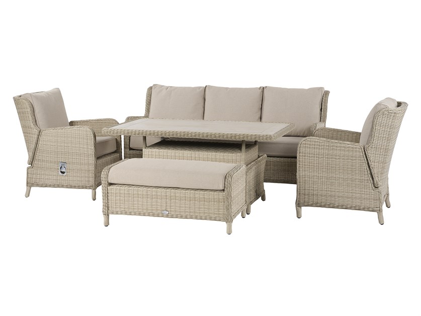 Chedworth Sandstone Rattan Reclining 3 Seater Sofa with Rectangle Dual Height Table, 2 Reclining Armchairs & Bench Alternative Image
