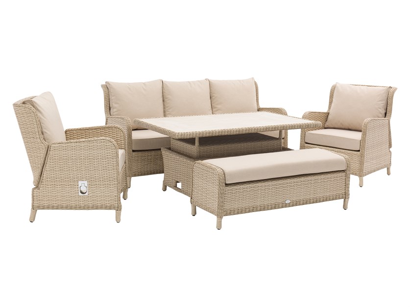 Somerford Rattan Reclining 3 Seater Sofa with Dual Height Rectangle Table, 2 Reclining Armchairs & Bench Alternative Image