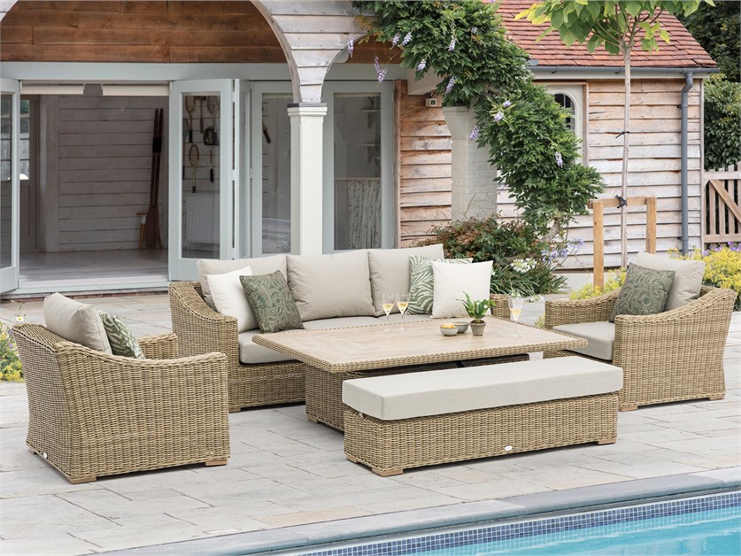 Fairford Rattan 3 Seater Sofa with Rectangle Piston Adjustable Table, 2 Armchairs & Bench Alternative Image