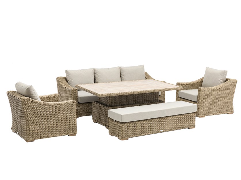 Fairford Rattan 3 Seater Sofa with Rectangle Piston Adjustable Table, 2 Armchairs & Bench Alternative Image