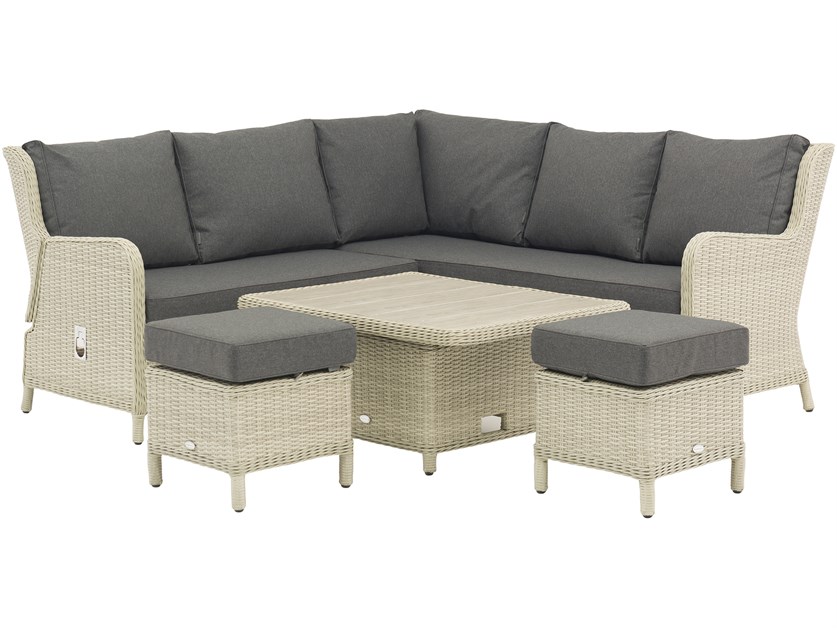 Chedworth Dove Grey Rattan Reclining Mini Corner Sofa with Dual Height Table & 2 Stools Alternative Image