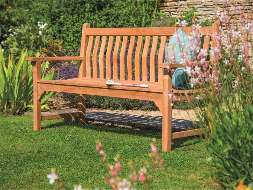 Teak 3 Seat Bench with Curved Back & Flat Arms