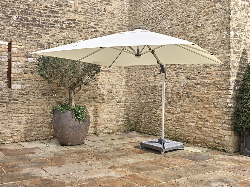 Ely Ecru 3.0m x 3.0m Square Cantilever Parasol with LED Light, Steel Granite Wheeled Base & Cover