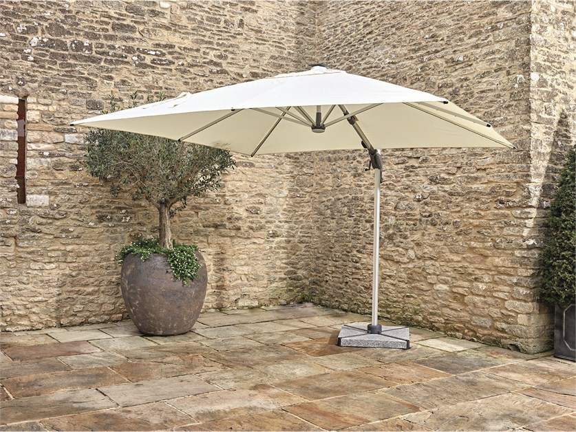Ely Ecru 3.0m x 3.0m Square Cantilever Parasol with LED Light, Granite Base & Cover