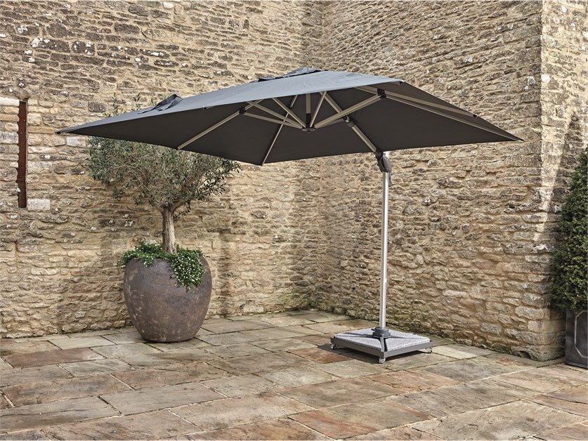 Chichester Grey 3.0m x 3.0m Anodised Square Cantilever Parasol, Steel Granite Wheeled Base & Cover
