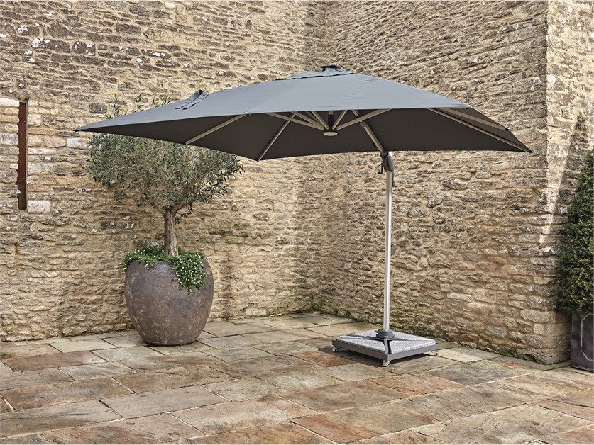 Ely Grey 3.0m x 3.0m Square Cantilever Parasol with LED Light, Steel Granite Wheeled Base & Cover