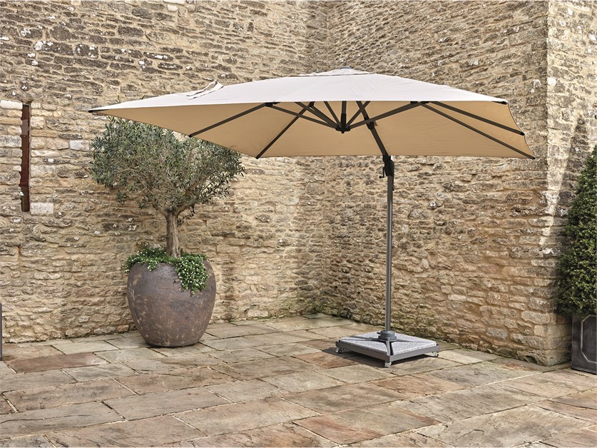 Chichester Sand 3.0m x 3.0m Anodised Square Cantilever Parasol, Steel Granite Wheeled Base & Cover