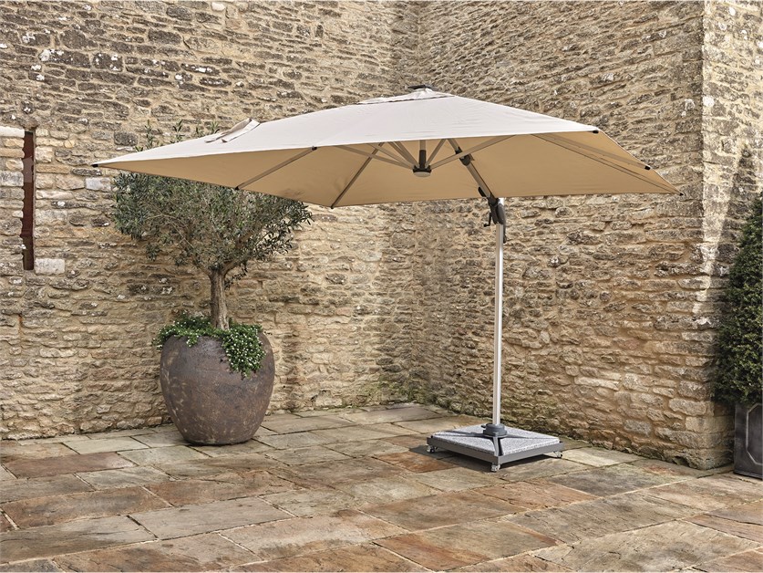 Ely Sand 3.0m x 3.0m Square Cantilever Parasol with LED Light, Steel Granite Wheeled Base & Cover
