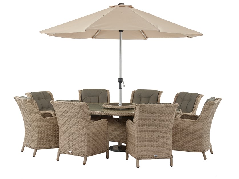 Blenheim Rattan 8 Seat Elliptical Dining Set (including 2 Recliners) with Lazy Susan, Parasol & Base