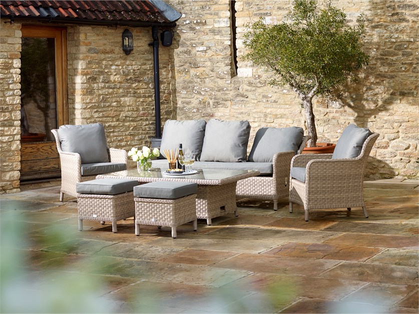 Blenheim Rattan Reclining 3 Seater Sofa with Dual Height Rectangle Table, 2 Reclining Armchairs & 2 Stools