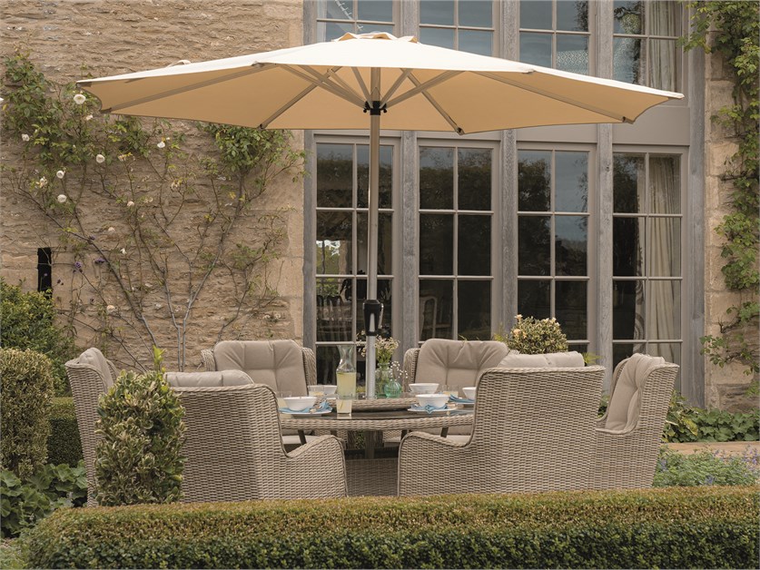 Chedworth Sandstone Rattan 6 Seat Round Dining Set with Lazy Susan, Parasol & Base
